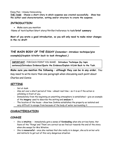 Uneasy Homecoming - Essay Plan