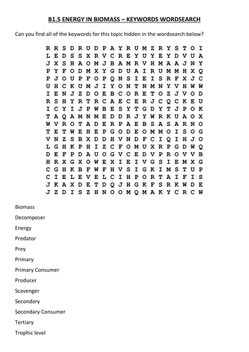 Energy in Biomass Keywords Wordsearch