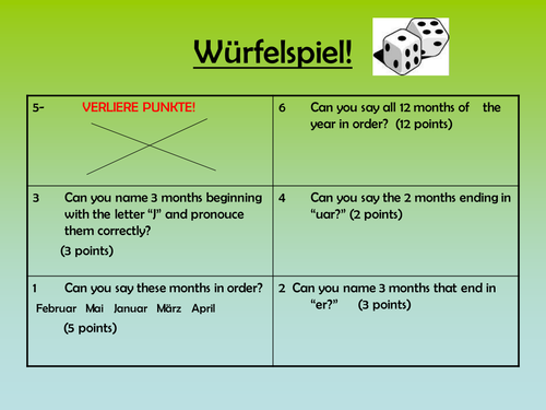 Months and birthdays dice game template