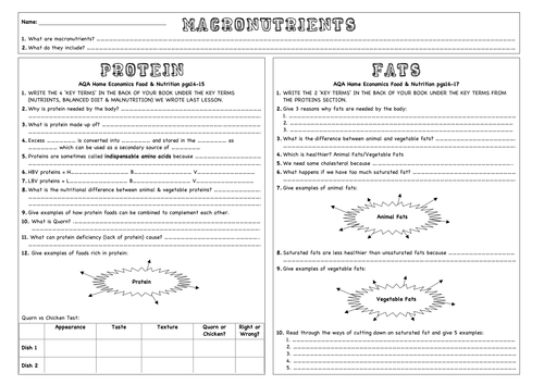 Worksheet - Macronutrients, Fats & Proteins