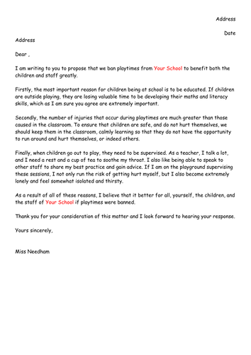 Draft Letter Of Persuasion To Ban Playtimes Teaching Resources