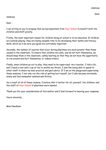 template ks2 persuasive letter ban N to of Draft Miss playtimes by persuasion letter