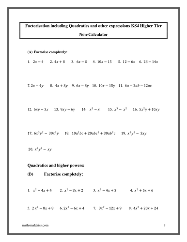 Factorisation Quadratics KS4 Higher with answers