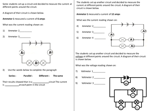 Current + Voltage in circuits questions worksheet