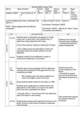 Titanic Film - Lesson Plan Outline