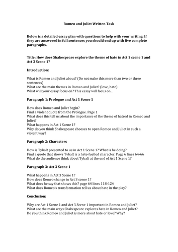 Romeo & Juliet: Written Task Essay Plan Worksheet