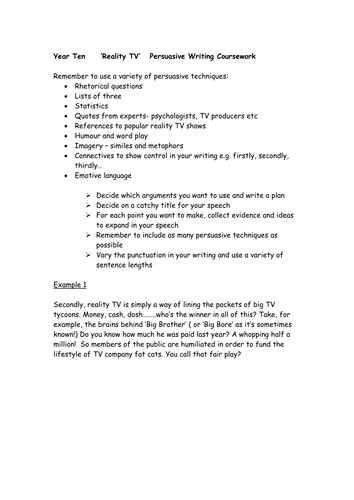 Reality TV - A*-C Essay Plan