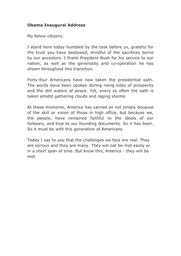 Obama's Inaugural Address and Word bank