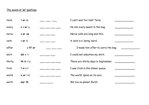 er word spelling sheets
