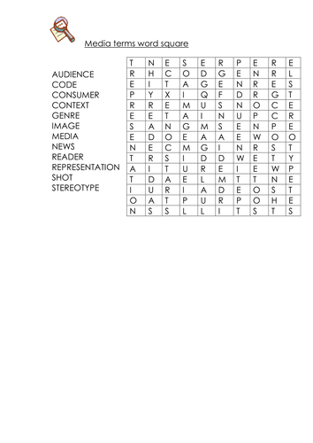 Media Studies Wordsearch Key terms
