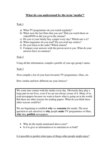 Media Studies Worksheet For launching Course / Opt