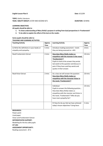 Frankenstein - Reading Assessment for key Stage 3