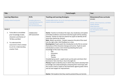 Of Mice and Men Short Term Plan