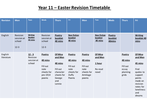 Easter Revision Timetable - Language & Literature