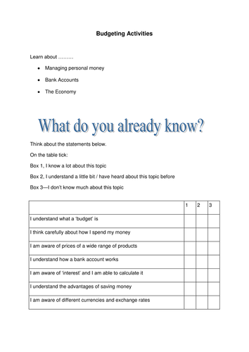 Budgeting activities | Teaching Resources