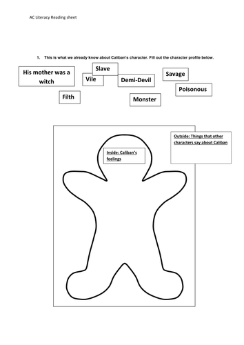 The Tempest: Caliban's Character: Literacy Work