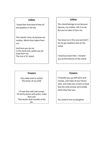 The Tempest: Card Sort Game: Caliban & Prospero!