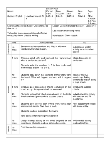 Ballads/Literacy - Lesson 14