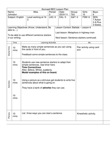Ballads/Literacy - Lesson 6