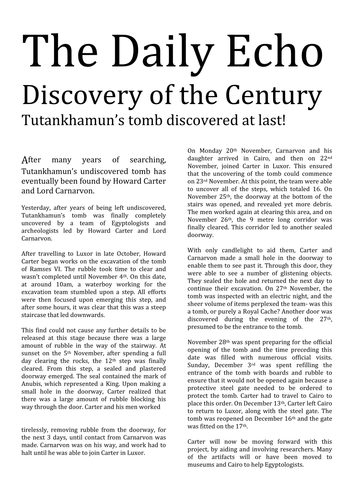 A Newspaper Article About Tutankhamun Teaching Resources