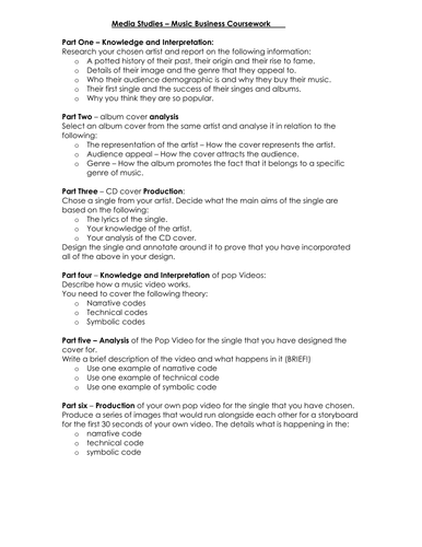 Section A Coursework Brief on The Music Industry