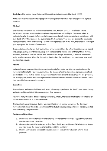 Pscychology worksheet re. Sherif;s study.