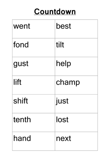 Phase 4 Countdown CVCC words