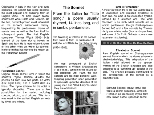 Pre 1914 Poetry Worksheet - Information On Sonnet