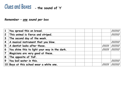 t word clues and boxes  Teaching Resources