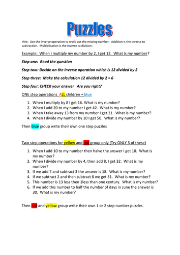 Number Puzzles (needing inverse operations)