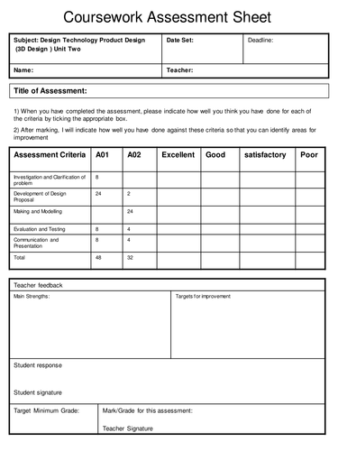 Assessment pages for units 2 and 4 (Project work).