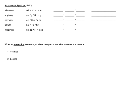 3 syllable e spelling test