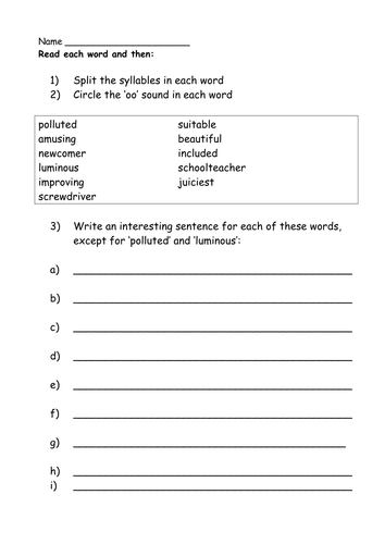 oo words 3 syllable worksheet