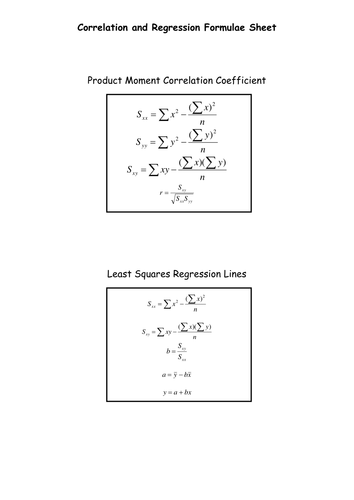 Correlation and Regression Formulae Sheet | Teaching Resources