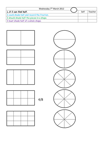 fractions shading worksheet by  Find  Teaching half of shapes given landoflearning