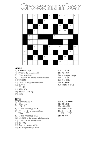 Number Skills Revision Crossword