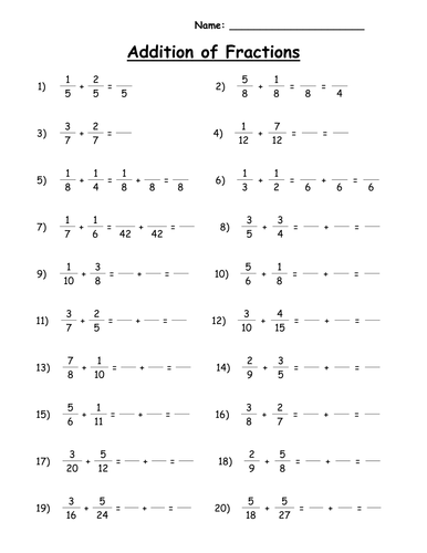 addition and subtraction of fractions worksheets teaching resources