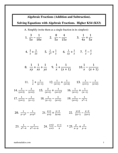 Algebraic Fractions,add, -, equations, KS4 Higher