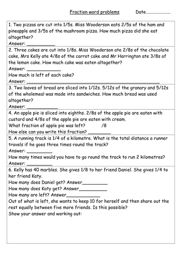 fractions word problems year 3 teaching resources