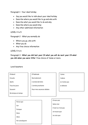 Guided writing text builder for y9 ideal holiday