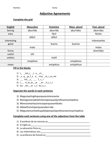 SPAN School subjects, opinions, adjective endings