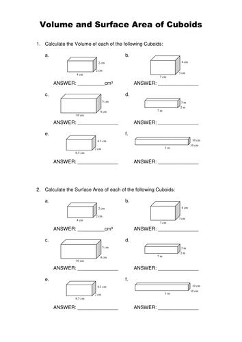 Volume and Surface Area of Cuboids Exercise