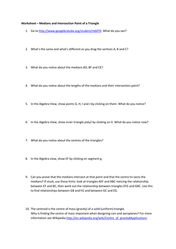 The medians and centroid of a triangle | Teaching Resources