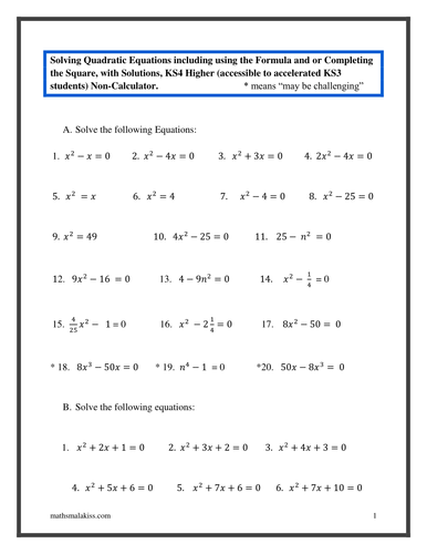 Quadratic equations KS4 Higher with solutions