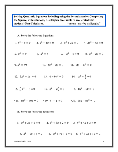 Printables Quadratic Equations Worksheet quadratic equations homework ks higher with solutions by hassan teaching resources tes