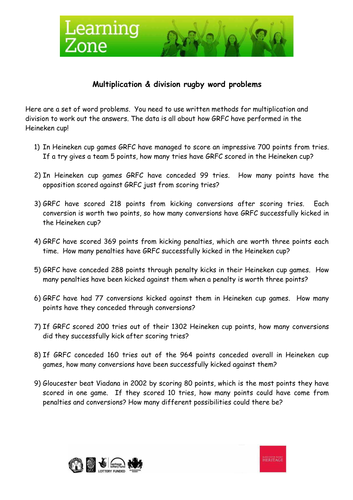 Multiplication and division rugby world problems