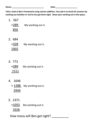 column addition Year 4~ Check Ben's work!