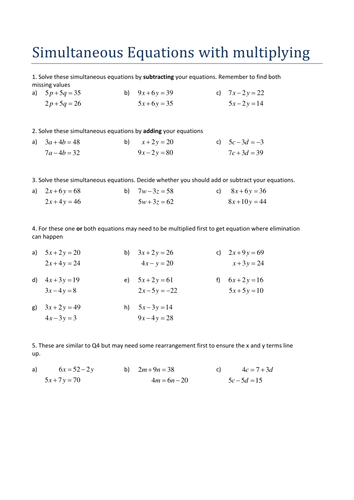 Simultaneous Equations with multiplying. Worksheet | Teaching Resources