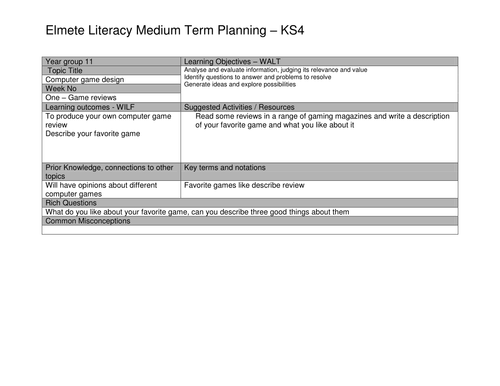 computer game literacy termly planning