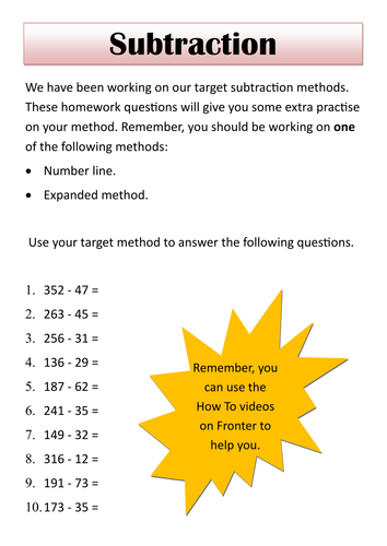 Year 3 Numeracy Homework - Subtraction Teaching Resources